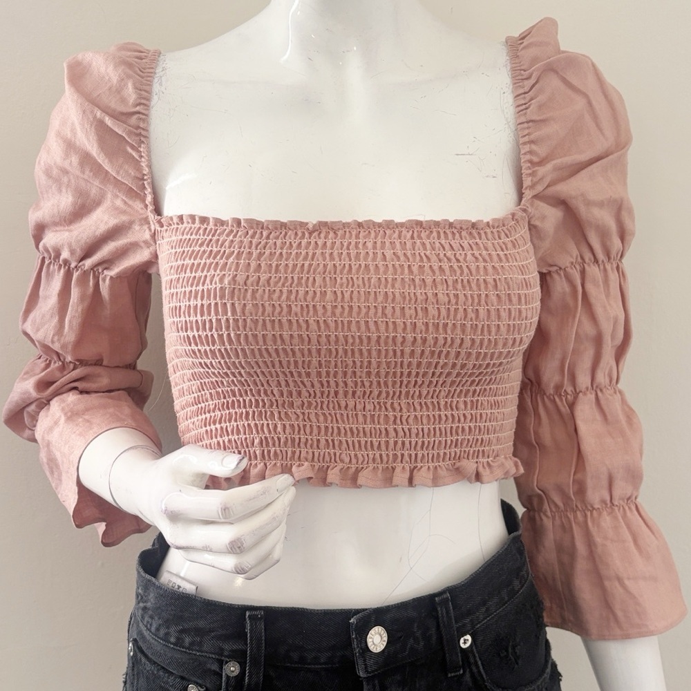 The Reformation Maple Blush Rose Pink Linen Crop Top Ruching & Square Neckline